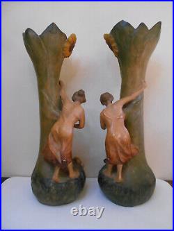 Paire De Statues Vases Terre Cuite Art Nouveau Art Floral 1900 Signées F Foucher