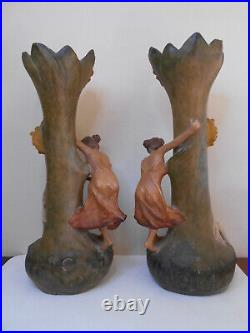 Paire De Statues Vases Terre Cuite Art Nouveau Art Floral 1900 Signées F Foucher