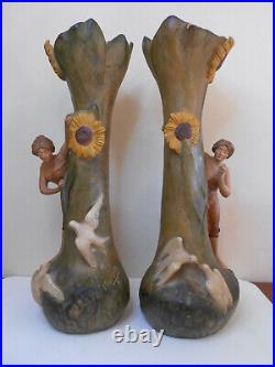 Paire De Statues Vases Terre Cuite Art Nouveau Art Floral 1900 Signées F Foucher