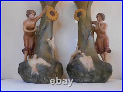 Paire De Statues Vases Terre Cuite Art Nouveau Art Floral 1900 Signées F Foucher