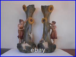 Paire De Statues Vases Terre Cuite Art Nouveau Art Floral 1900 Signées F Foucher