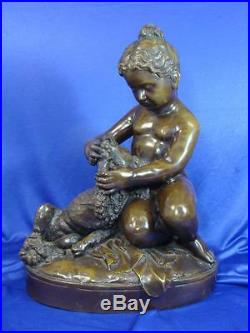 Rare Art Nouveau Bronze Enfant avec Chien France Sculpture Grand Dur 19. JHD