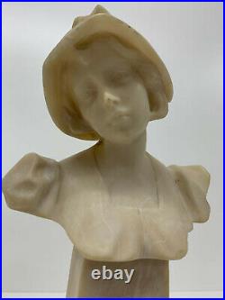 Sculpté Albâtre Buste Ancien Jeune Fille Sculpture Art Nouveau Maiden