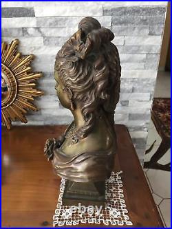 Sculpture, Bronze, buste femme, Art nouveau, Haut 35 Cm Attribué À AIZELIN E