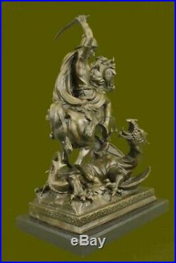 Signé Saint George Killing Dragon Bronze Sculpture Art Statue Figurine Artwork