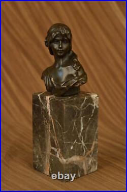 Signée Bronze Marbre Base Statue Portrait Buste Femme Fille Art Nouveau Affaire