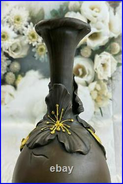 Signée Gallot Bronze Statue Art Déco Fille Avec / Fleur Nouveau Vase Main Fait
