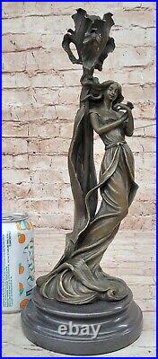 Signée Milo Style Art Nouveau Bronze Femme Bougeoir Statue Figurine Décoration