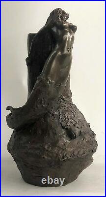 Signée Original Art Nouveau Aldo Vitaleh Sirène Vase Bronze Sculpture Figurine