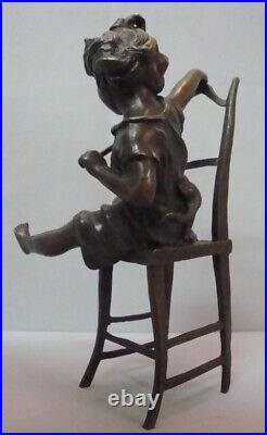 Statue Sculpture Chat Fille Chaise Style Art Deco Style Art Nouveau Bronze massi