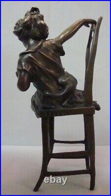 Statue Sculpture Chat Fille Chaise Style Art Deco Style Art Nouveau Bronze massi