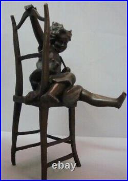 Statue Sculpture Chat Fille Chaise Style Art Deco Style Art Nouveau Bronze massi