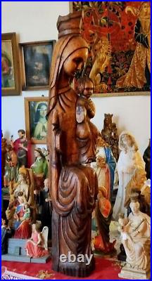 Statue Sculpture En Bois Vierge Marie Et Enfant Jesus Madone Antique Art Nouveau