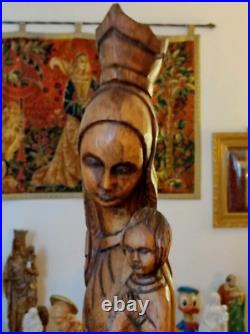 Statue Sculpture En Bois Vierge Marie Et Enfant Jesus Madone Antique Art Nouveau