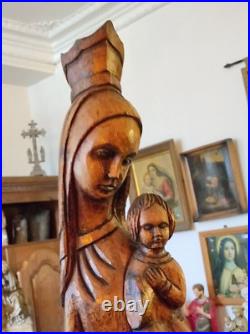 Statue Sculpture En Bois Vierge Marie Et Enfant Jesus Madone Antique Art Nouveau