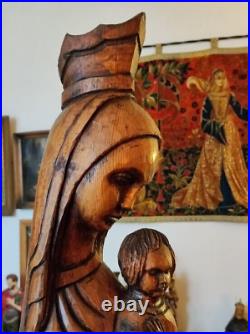 Statue Sculpture En Bois Vierge Marie Et Enfant Jesus Madone Antique Art Nouveau