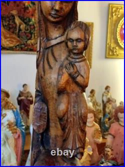 Statue Sculpture En Bois Vierge Marie Et Enfant Jesus Madone Antique Art Nouveau