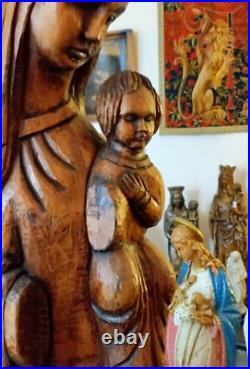 Statue Sculpture En Bois Vierge Marie Et Enfant Jesus Madone Antique Art Nouveau