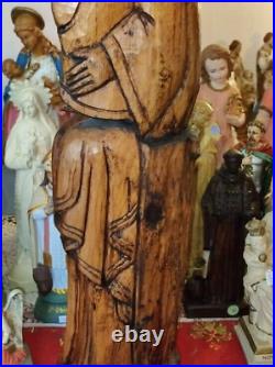 Statue Sculpture En Bois Vierge Marie Et Enfant Jesus Madone Antique Art Nouveau