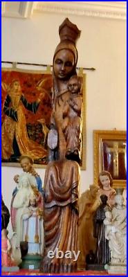 Statue Sculpture En Bois Vierge Marie Et Enfant Jesus Madone Antique Art Nouveau