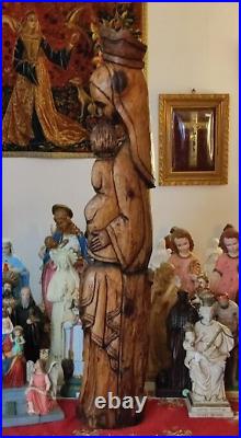 Statue Sculpture En Bois Vierge Marie Et Enfant Jesus Madone Antique Art Nouveau