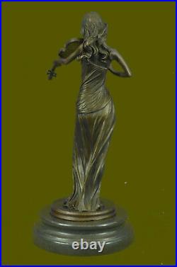 Style Art Nouveau Fonte Femelle Violon Lecteur Bronze Sculpture Marbre Base