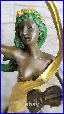 Style Art Nouveau Fonte Mâle Violon Lecteur Bronze Sculpture Marbre Figurine Nu