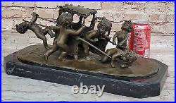 Style Art Nouveau Nu Nue Garçons Tirant Chariot Bronze Sculpture Marbre Nr