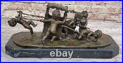 Style Art Nouveau Nu Nue Garçons Tirant Chariot Bronze Sculpture Marbre Nr