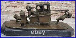 Style Art Nouveau Nu Nue Garçons Tirant Chariot Bronze Sculpture Marbre Nr