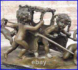 Style Art Nouveau Nu Nue Garçons Tirant Chariot Bronze Sculpture Marbre Nr