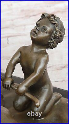 Style Art Nouveau Nu Nue Garçons Tirant Chariot Bronze Sculpture Marbre Nr