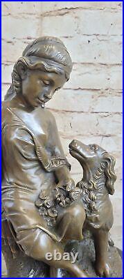Style Art Nouveau Sculpture Victorien Femme Fille Debout Avec Chien Bronze Bust