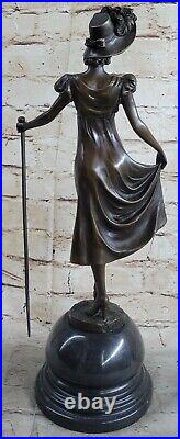 Victorien Femme Signée Sculpture Élégant Art Nouveau Bronze Statue Figurine Deco